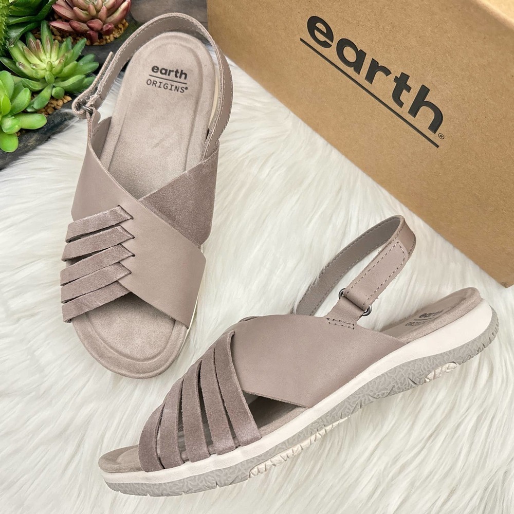 NIB Earth Suzie 8M Leather Woven Lightweight Slingback Sandals Taupe